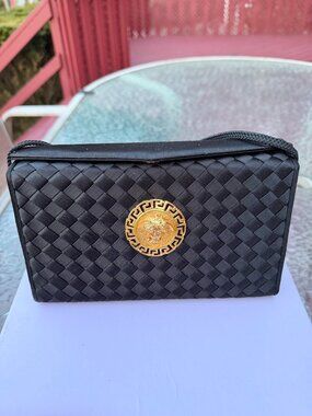 Vintage 90s Black Woven Clutch Gold Medallion – Versace Inspired Statement Bag